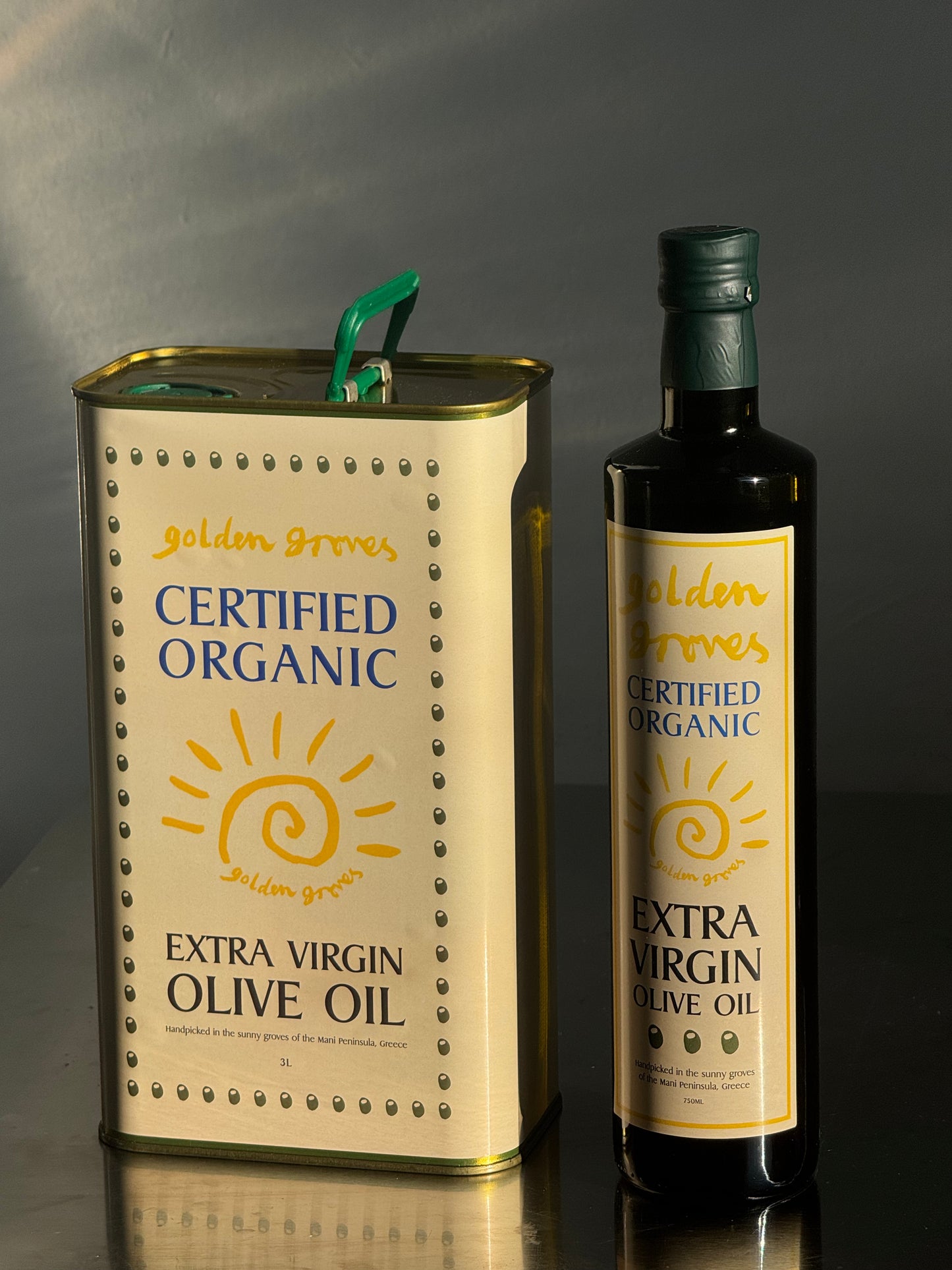 Golden Groves Essentials Set – Organic Greek Extra Virgin Olive Oil in 3L Tin and 750ml Glass Refillable Bottle