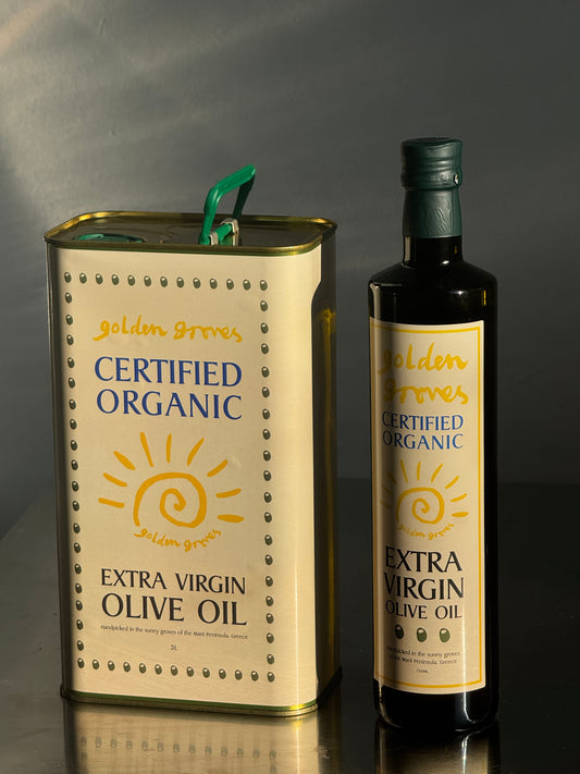 Golden Groves Essentials Set – Organic Greek Extra Virgin Olive Oil in 3L Tin and 750ml Glass Refillable Bottle